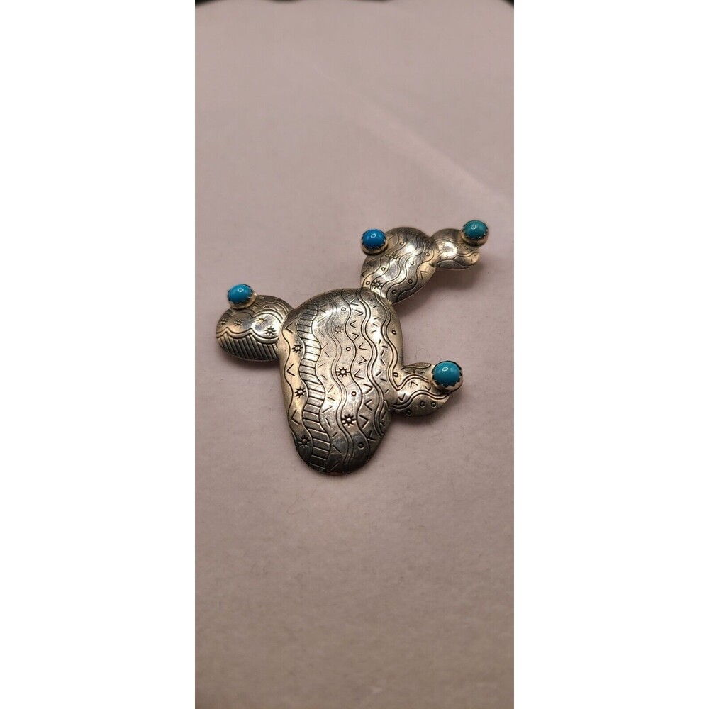 Carolyn Pollack Prickley Pear Cactus Brooch Sterling Vintage W/4 Turquoise Stone